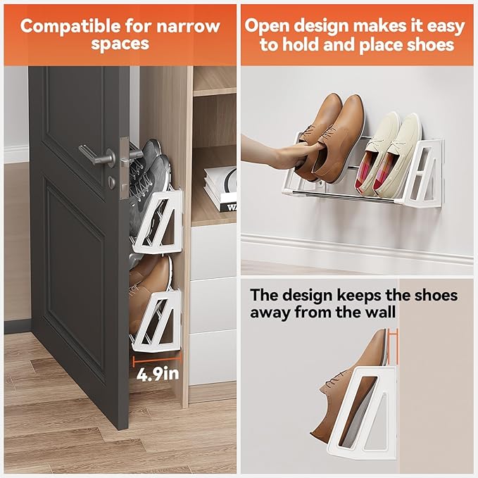 Wall Mounted Shoe Rack, 3 Pack Wall Shoe Rack Holds 6 Pairs of Shoes with Sticky Adhesive Strips Shoe Organizer Space Saving Wall Mount Shoe Storage for Camper Shoe Hanger White