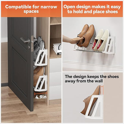 Wall Mounted Shoe Rack, 3 Pack Wall Shoe Rack Holds 6 Pairs of Shoes with Sticky Adhesive Strips Shoe Organizer Space Saving Wall Mount Shoe Storage for Camper Shoe Hanger White