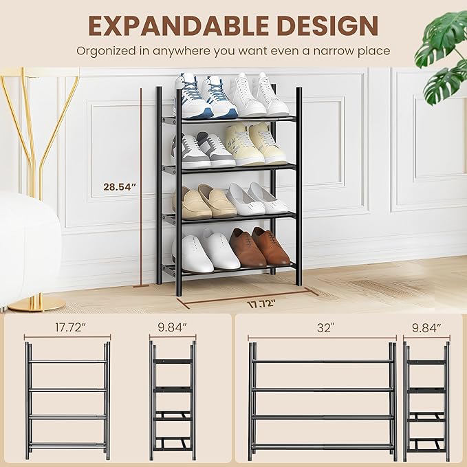 AceMining 4-Tier Expandable Shoe Rack, Adjustable Shoe Rack Shoe Organizer Shoe Shelf, Free Standing Shoe Racks Heavy Duty Metal for Closet Entryway Closet Doorway Front Door Entrance，Black