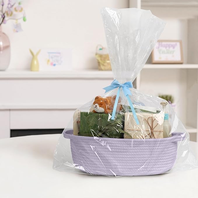 MEGASKET Purple Small Woven Basket, 13” x 9” x 5” Baskets for Gifts Empty, Cotton Rope Gift Basket, Cute Nursery Baby Organizer, Cat Dog Toy Box, Oval Wicker Storage Bin with Handle