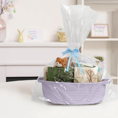 MEGASKET Purple Small Woven Basket, 13” x 9” x 5” Baskets for Gifts Empty, Cotton Rope Gift Basket, Cute Nursery Baby Organizer, Cat Dog Toy Box, Oval Wicker Storage Bin with Handle