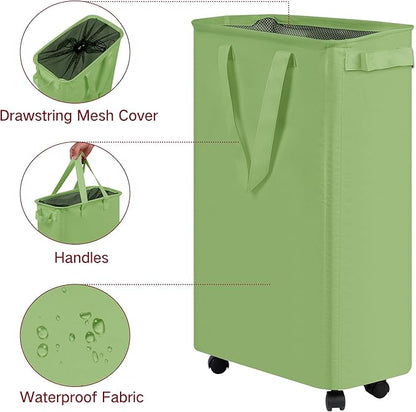 efluky Slim Laundry Hamper with Wheels, Rolling Laundry Basket for Clothes, Small Laundry Basket for Bedroom, Dorm and Laundry Room, 60L (12.7 Gallons) Green
