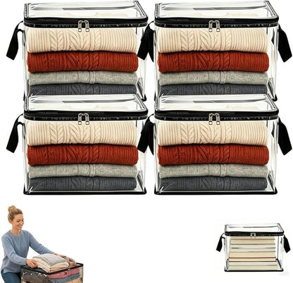 Large Heavy-Duty Thick Plastic Clear Storage Bag for Clothes, Moving & Storage, 2026 Upgraded with Reinforced Handles & Zipper, Stackable Foldable Bins Totes Bags (Black, 4Pcs)