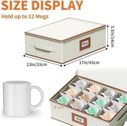 Aokeyee 2-Pack Cup & Mug Storage Box with Dividers, Hard Shell Organizer with Lid, Handles, Zippers & Label Slot, Holds 24 Mugs, Teacups & Glasses, Stackable Containerfor Moving & Protection, Ivory