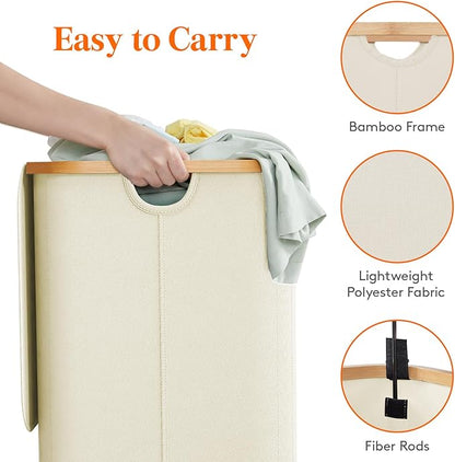 Lifewit 150L Laundry Basket with Lid, Clothes Hampers for Laundry with Bamboo Handles and 2 Removable Bag, Large Foldable Laundry Hamper for Bedroom, Bathroom, Dorm, Laundry Room, White