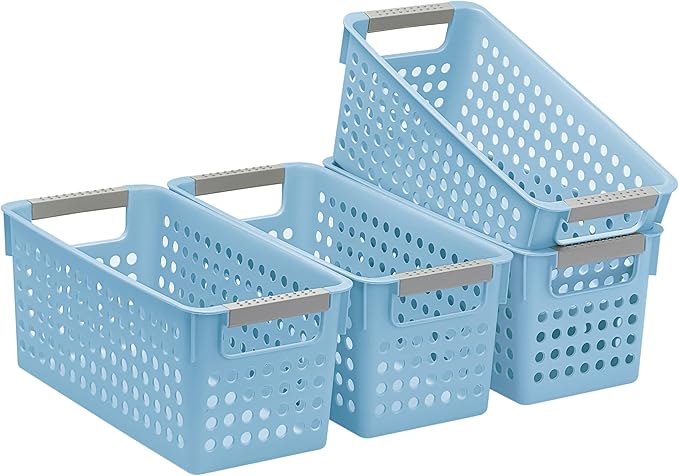 Soddeph 4 Pack Slim Plastic Storage Basket with Handles, Rectangular Storage Bins for Shelves,Narrow Organizer box for Organizing, Kitchen,Home,Office (Blue, Small)