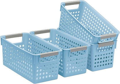 Soddeph 4 Pack Slim Plastic Storage Basket with Handles, Rectangular Storage Bins for Shelves,Narrow Organizer box for Organizing, Kitchen,Home,Office (Blue, Small)