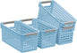 Soddeph 4 Pack Slim Plastic Storage Basket with Handles, Rectangular Storage Bins for Shelves,Narrow Organizer box for Organizing, Kitchen,Home,Office (Blue, Small)