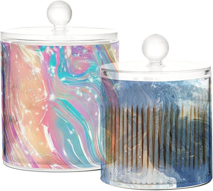 2 Pack Qtip Dispenser Apothecary Jars with Lids Cotton Round Holder Bathroom Canisters for Cotton Swab Floss Ball Pads Clear Plastic Decorative Pink Blue Liquid Fluid