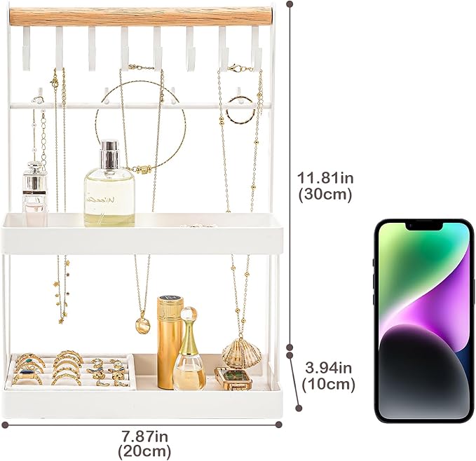 Lolalet 4-Tier Jewelry Organizer Stand with 12 Hooks, Necklace Bracelet Ring & Sunglasses Holder, Cute Metal Jewelry Storage Rack for Vanity, Dresser or Entryway, No Assembly -White