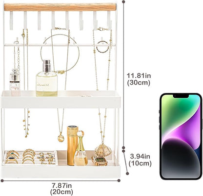 Lolalet 4-Tier Jewelry Organizer Stand with 12 Hooks, Necklace Bracelet Ring & Sunglasses Holder, Cute Metal Jewelry Storage Rack for Vanity, Dresser or Entryway, No Assembly -White
