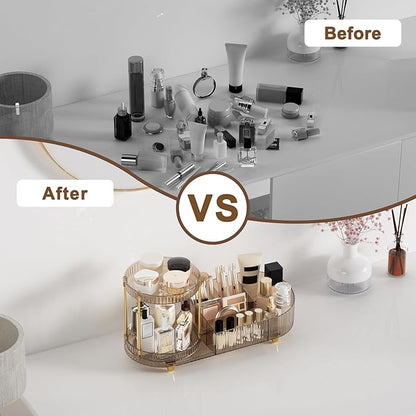 Makeup Organizer Countertop with 360 Rotating Perfume Trays, 7-Divider Vanity Skincare Organizers, Make Up Desk Organization and Storage with Cosmetic Brush Holder for Bedroom Bathroom Counter