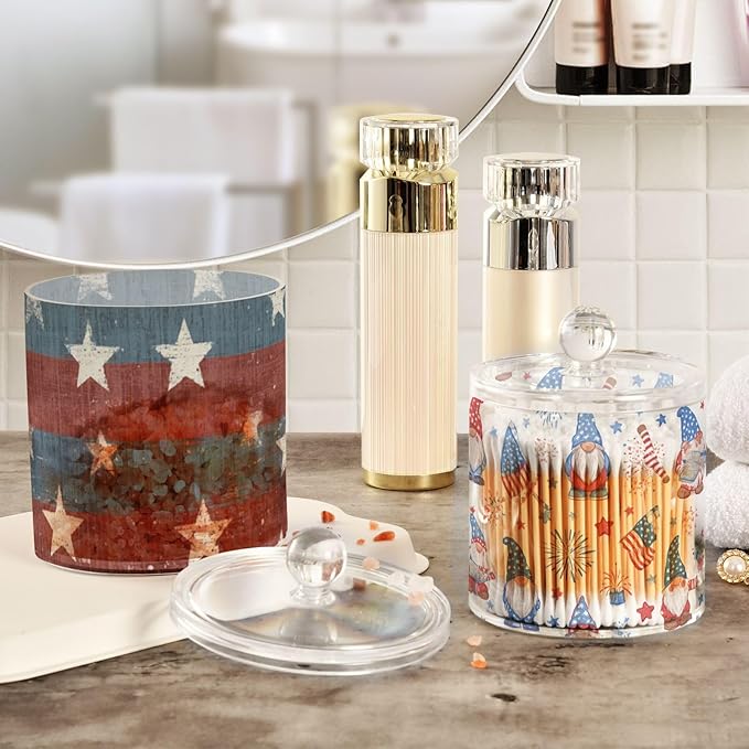 2 Pack Qtip Dispenser Apothecary Jars with Lids Cotton Round Holder Bathroom Canisters for Cotton Swab Floss Ball Pads Clear Plastic Decorative July 4th Stars Gnomes