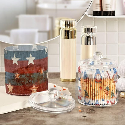 2 Pack Qtip Dispenser Apothecary Jars with Lids Cotton Round Holder Bathroom Canisters for Cotton Swab Floss Ball Pads Clear Plastic Decorative July 4th Stars Gnomes