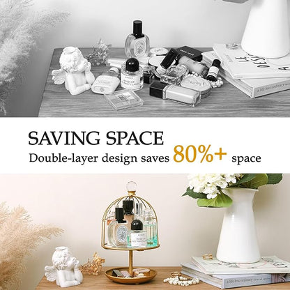 NIKKY HOME Makeup Organizer, Gold Perfume Organizer Trays for Dresser, Vintage Jewelry Tray Organizer with Double Layer, Metal Decorative Mirror Tray for Countertop Vanity and Bathroom