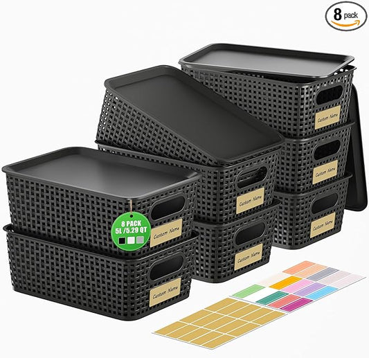 8 Pcs Plastic Storage Baskets with Plastic Lids and Labels 5.29qt Stackable Box Basket Pantry Decorative Containers, Small Storage Bins for Shelves Drawers Closets Bedrooms Office Cabinets 10*7.2*4.1"