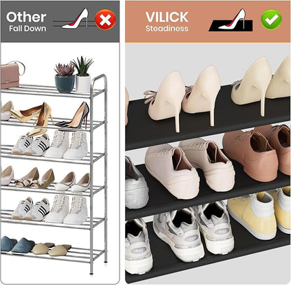 VILICK Shoe Rack for Closet Shoe Organizer Space Saver Storage for 12-15 Pair Shoe Shelf with Hook Free Standing 3 Tier Shoe Rack Organizer for Entryway, Small Spaces, Black