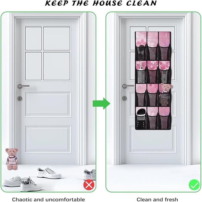 Cherry Blossom Over the Door Shoe Organizer,Shoe Organizer Door Hanger,Space Saver Shoes Hanger Storage Organizer Bag with 12 Mesh Large Pockets
