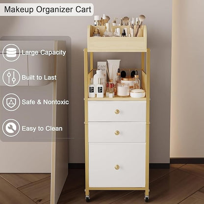 Makeup Organizer Cart with Drawers, Floor Skincare Organizers Make Up Organizers-Vanity Organizer Cosmetic Display Cases Holder for Skin Care Perfume Nail Polish Brush Hair Tool（Gold）