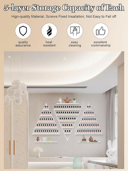 EBANKU 6PCS Nail Polish Racks 5 Tiers Nail Polish Shelf for Wall Triangular Display Rack Cosmetic Display Cases Lipstick Perfume Wall Shelf Essential Oil Organizers for Home Spa Nail Salon Shop(White)