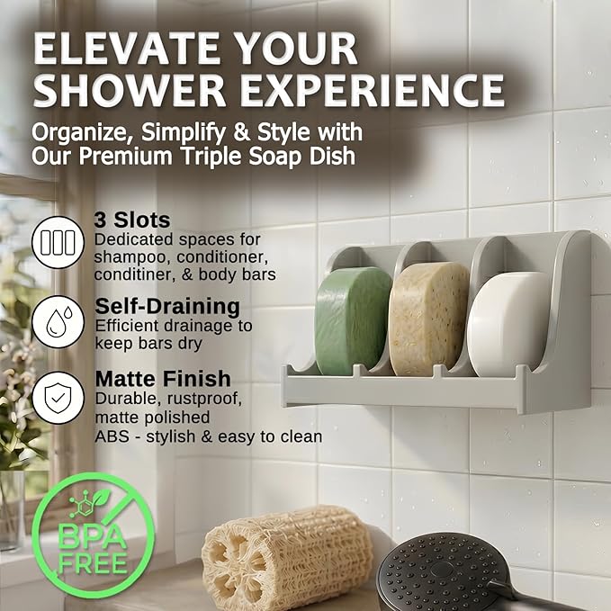 Soap Holder for Shower Wall, 3-Compartment Soap Dish for Shampoo, Conditioner and Body Soap, Fast Draining & Rust-Proof & Heavy Duty, Ultra-Strong Self Adhesive & Freestanding (Grey, No Label)