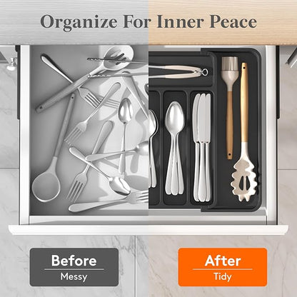 Lifewit Expandable Silverware Drawer Organizer for Kitchen, Adjustable Utensil Tray, BPA Free Plastic Flatware and Cutlery Holder for Spoons Forks Knives, 12.2"-18.9" x 13.8", Black