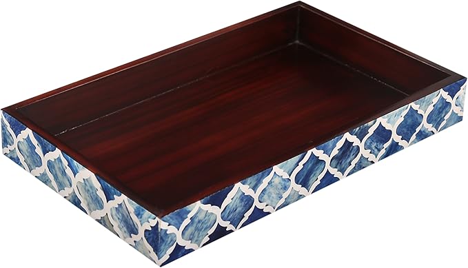 Handicrafts Home 10"x6" Vanity Tray for Bathroom Countertop, Moroccan Bone Inlay Decorative Organizer Tray for Perfume, Jewelry, Cosmetics & Dresser Decor, Rectangular Catchall Tray, Blue White