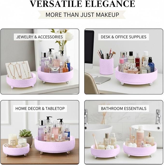 Rotating Bling Perfume Makeup Organizer, Rhinestone Cosmetic Display Cases with 2-Piece Set, 360° Spinning Bathroom Organizers for Countertop, Vanity Table | Purple