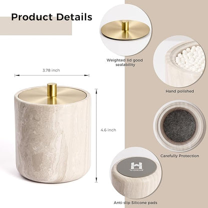 Marble Qtip Holder with Brass Lid for Cotton Swabs,Balls,Pads,Floss Picks Large Capacity Marble Apothecary Jar for Bathroom Essentials Decor, Vanity Makeup Storage Organizer Grey (WH079)