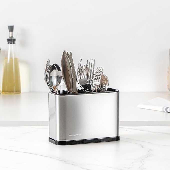 Restaurantware Stainless Steel Utensil Holder 1 Count 7 x 3.3 x 5.1 Inches Durable Cutlery Storage Flatware Organizer Rust-Resistant Sink Caddy Silver Kitchenware Holder