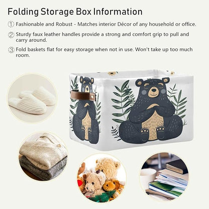 Large Storage Basket Black Bear Storage Bin Cube Canvas Fabric Organizer Handles Collapsible for Clothes Toys Bedroom Decorative