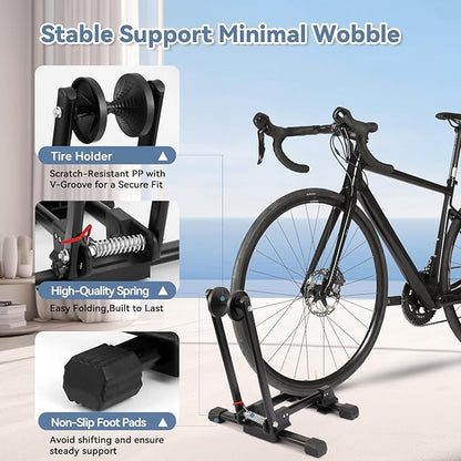 Foldable Bike Stand for Garage, Portable Bicycle Storage Rack, Adjustable Floor Stand for Road & Mountain Bikes, Holds up to 2.4" Tire Width, Space-Saving Design