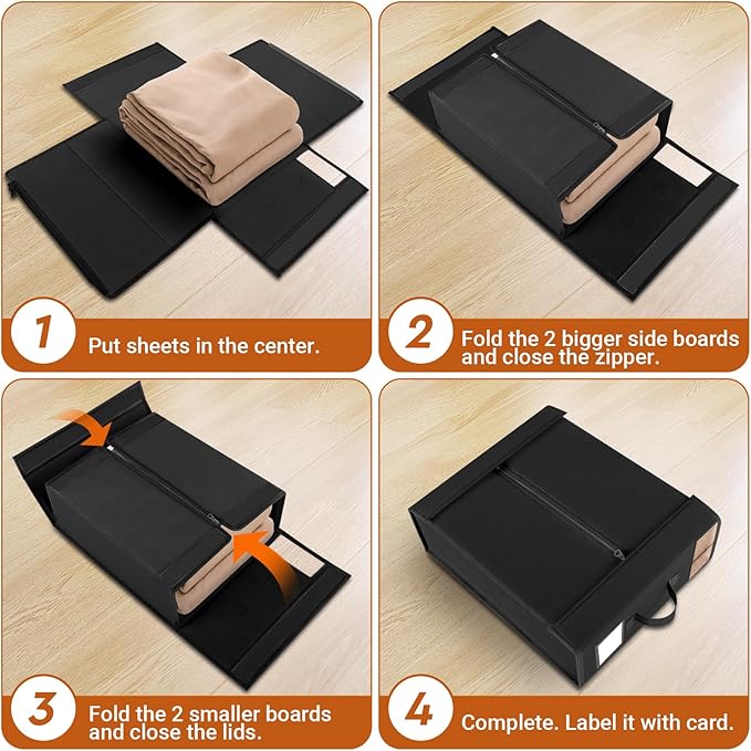 StorageTastic 6 Pack Bed Sheet Closet Organizers and Storage,Sturdy Foldable Storage Containers with Window and Label,Storage and Organization for Bedding Sheets,Duvet Covers,Blankets (Black)