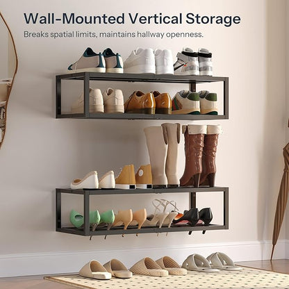 HOOBRO Wall-Mounted Shoe Rack, 2 Pack Hanging Metal Shoe Shelf, Space-Saving Shoe Storage Organizer, Holds 12-16 Pairs, Shoe Holder for Entryway, Closet, Small Spaces, Black BK44XJP201