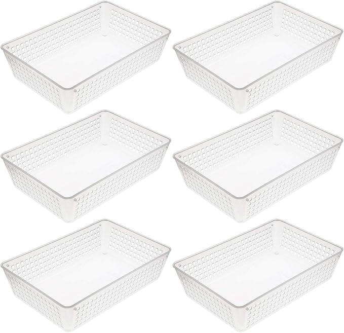 YBM HOME 6-Pack Plastic Storage Baskets Bins for Home Junk Drawer, Shelves, and Office Organization, Functional Trays/Containers Great for Kitchen Pantry, Cabinets, Bedrooms, and Bathrooms, Clear