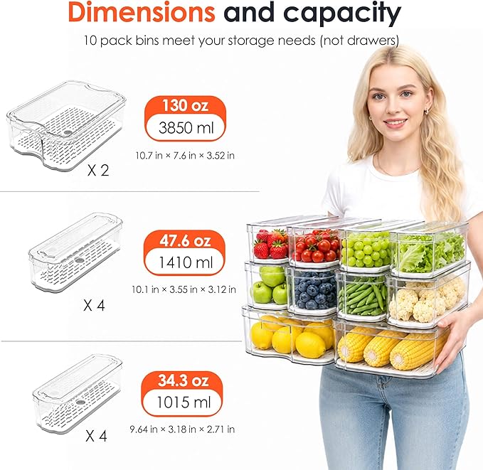 SMRCAD Fridge Organizers and Storage, 10 Pack Clear Organizer Bins with Lids for Kitchen, Pantry, Refrigerator, Food, Fruit, Vegetable Storage