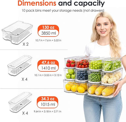 SMRCAD Fridge Organizers and Storage, 10 Pack Clear Organizer Bins with Lids for Kitchen, Pantry, Refrigerator, Food, Fruit, Vegetable Storage