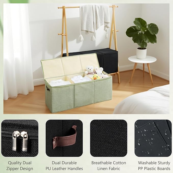 Extra Large Storage Box with Zippered Lid 130L Jumbo Chest Basket Bin Collapsible Lidded Sturdy Organizer with Dividers PU Leather Handles for Clothes Bedding Set Home Closet (Black)
