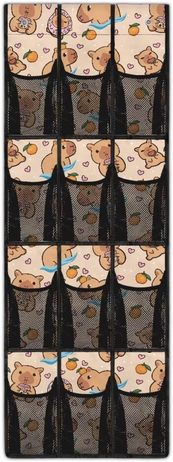 Kawaii Capibala Over The Door Organizer for Dorm Room Essentials,Easy to Install Shoe Organizer Door Hanger for Living Room,Mesh Pockets with 4 Metal Hook