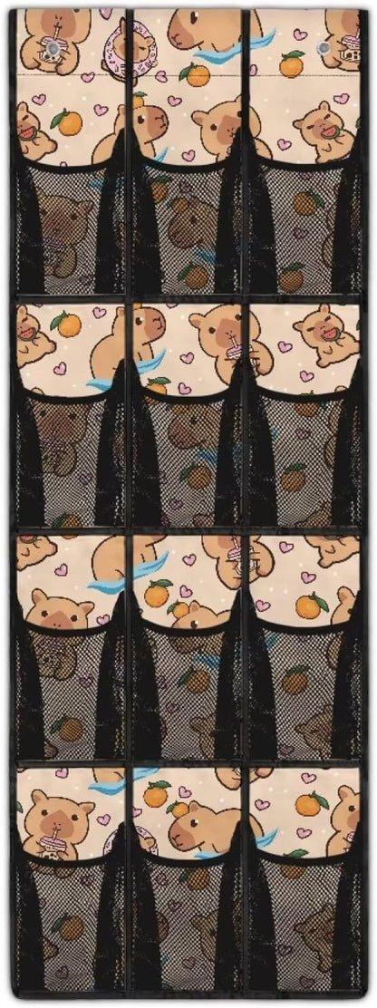 Kawaii Capibala Over The Door Organizer for Dorm Room Essentials,Easy to Install Shoe Organizer Door Hanger for Living Room,Mesh Pockets with 4 Metal Hook