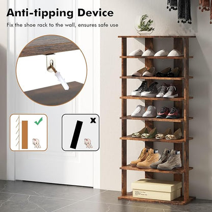 BETTARY 8 Tier Vertical Shoe Rack, Narrow Wooden Corner Shoe Organizer for Small Spaces, Removable Shelves, Anti-toppling Device, Shoe Tower for Entryway, Closet, Bedroom (Rustic Brown, Double Row)