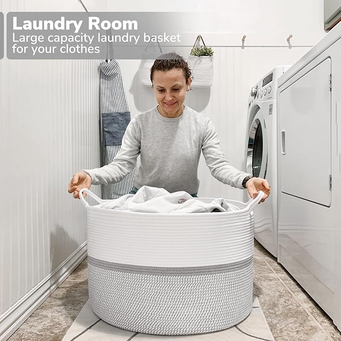 CHICVITA 85L Large Blanket Basket for Living Room, Woven Storage Baskets for Laundry Pillows Toys, Decorative Cotton Rope Basket with Handles for Bedroom Nursery, 22" x 22" x 14", Gray