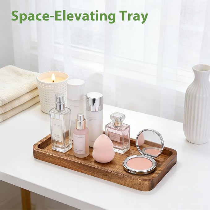 Wooden Bathroom Vanity Tray, 9.9" Small Decorative Wood Trays for Home Kitchen, Acacia Wood