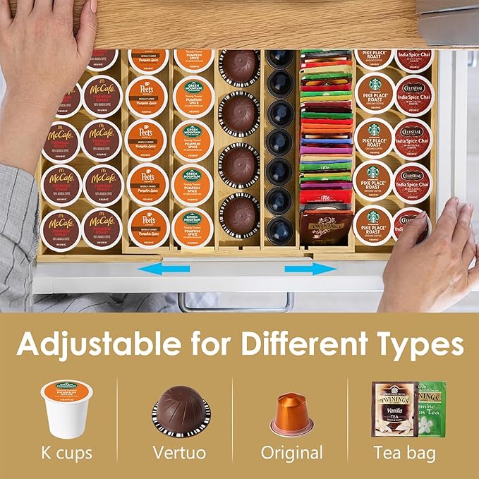 Coffee Pod Holder Drawer, Bamboo K Cup Holder Compatible with Nespresso Vertuo Capsules, 25-45 K Cup Drawer Organizer for Coffee Station Home Office and Kitchen (Bamboo)