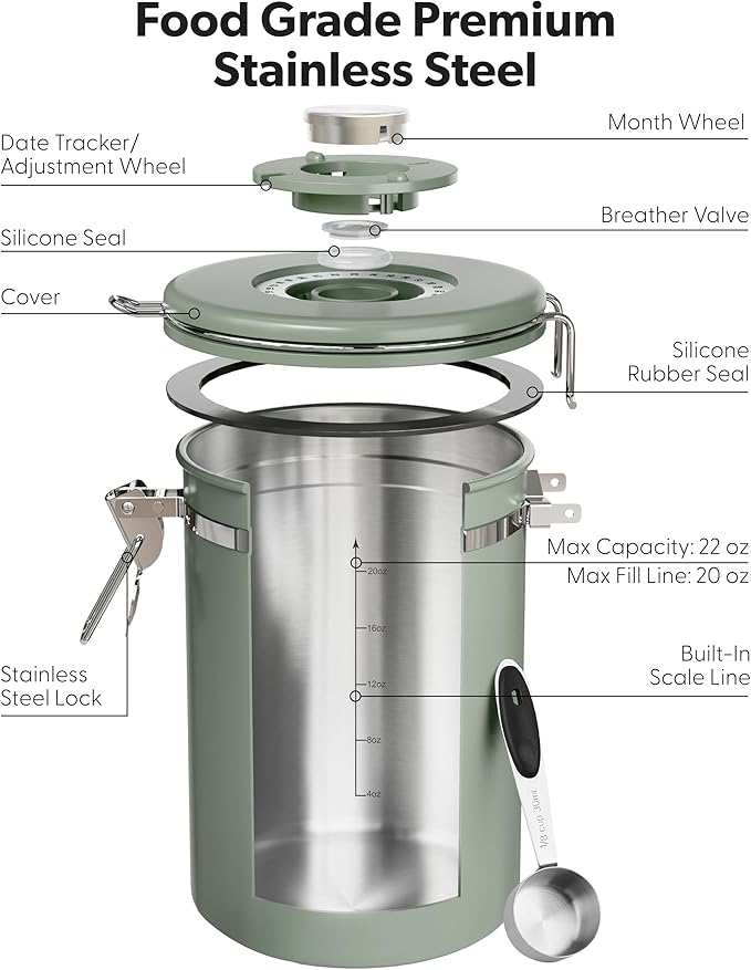 Veken Coffee Canister with Window, Airtight Stainless Steel Kitchen Food Storage Container with Lids, Date Tracker and Scoop for Grounds Coffee, Beans, Tea, Flour, Cereal, Sugar Jars, 22OZ, Green