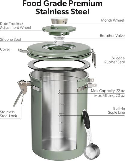 Veken Coffee Canister with Window, Airtight Stainless Steel Kitchen Food Storage Container with Lids, Date Tracker and Scoop for Grounds Coffee, Beans, Tea, Flour, Cereal, Sugar Jars, 22OZ, Green