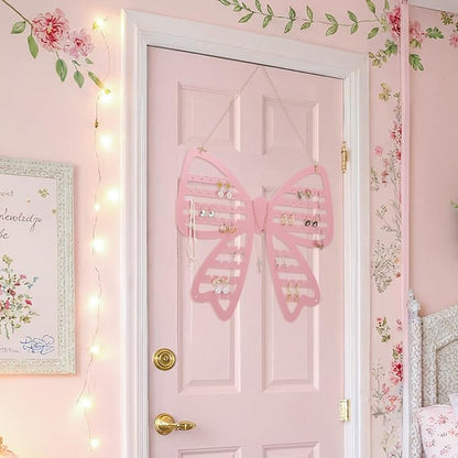 Pink Bow Hanging Earring Organizer Wall Mounted Metal Pink Jewelry Holder Coquette Bow Earring Rack Organizer Home Decor for Women Girls Bedroom Dormitory Accessories