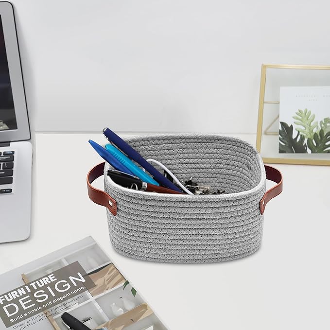 ABenkle Small Storage Basket, Mini Baskets with Handle, Cute Cotton Woven Baskets for Shelves, Boho Decorative Toy Storage Bin for Nursery, Spa, Empty Gift Basket - XS, Grey