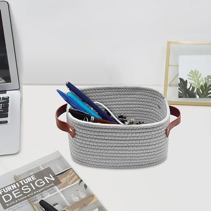ABenkle Small Storage Basket, Mini Baskets with Handle, Cute Cotton Woven Baskets for Shelves, Boho Decorative Toy Storage Bin for Nursery, Spa, Empty Gift Basket - XS, Grey