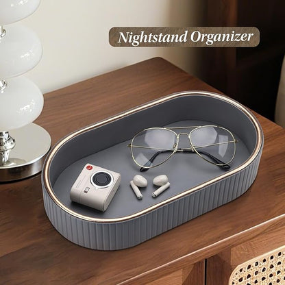 GORESE PU Leather Valet Tray Perfume Organizer, Oval Jewelry Trays Nightstand Organizer Key Bowl Trinket Dish for Dresser Bedside, Vanity Tray for Bathroom, EDC Trays for Men Women, 11×5.9 in, Gray